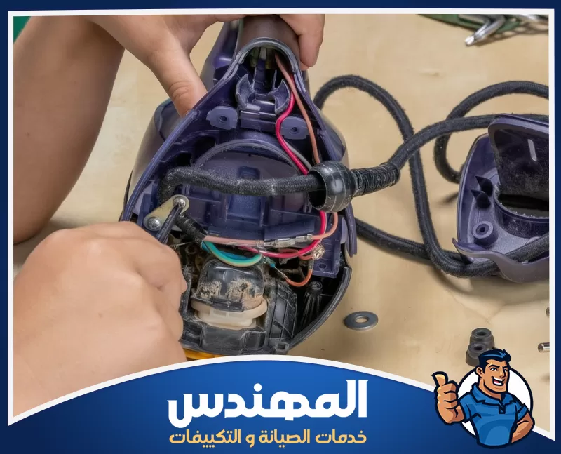 صيانة وتركيب المكيفات في حفر الباطن 0546176127 المهندس للصيانة فني يقوم بعملية صيانة داخلية لجهاز كهربائي (يبدو أنه مكنسة كهربائية أو جهاز شفط بخار) بعد فتحه، حيث يقوم بفحص الأسلاك والتوصيلات الداخلية وإصلاح أحد الأجزاء باستخدام أدوات الصيانة. يظهر بوضوح العمل على المكونات الكهربائية الداخلية مثل الأسلاك والمحرك،